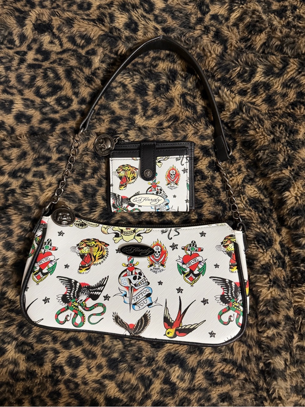 Ed Hardy Y2K White Tattoo-Print Shoulder Bag with Coin Wallet